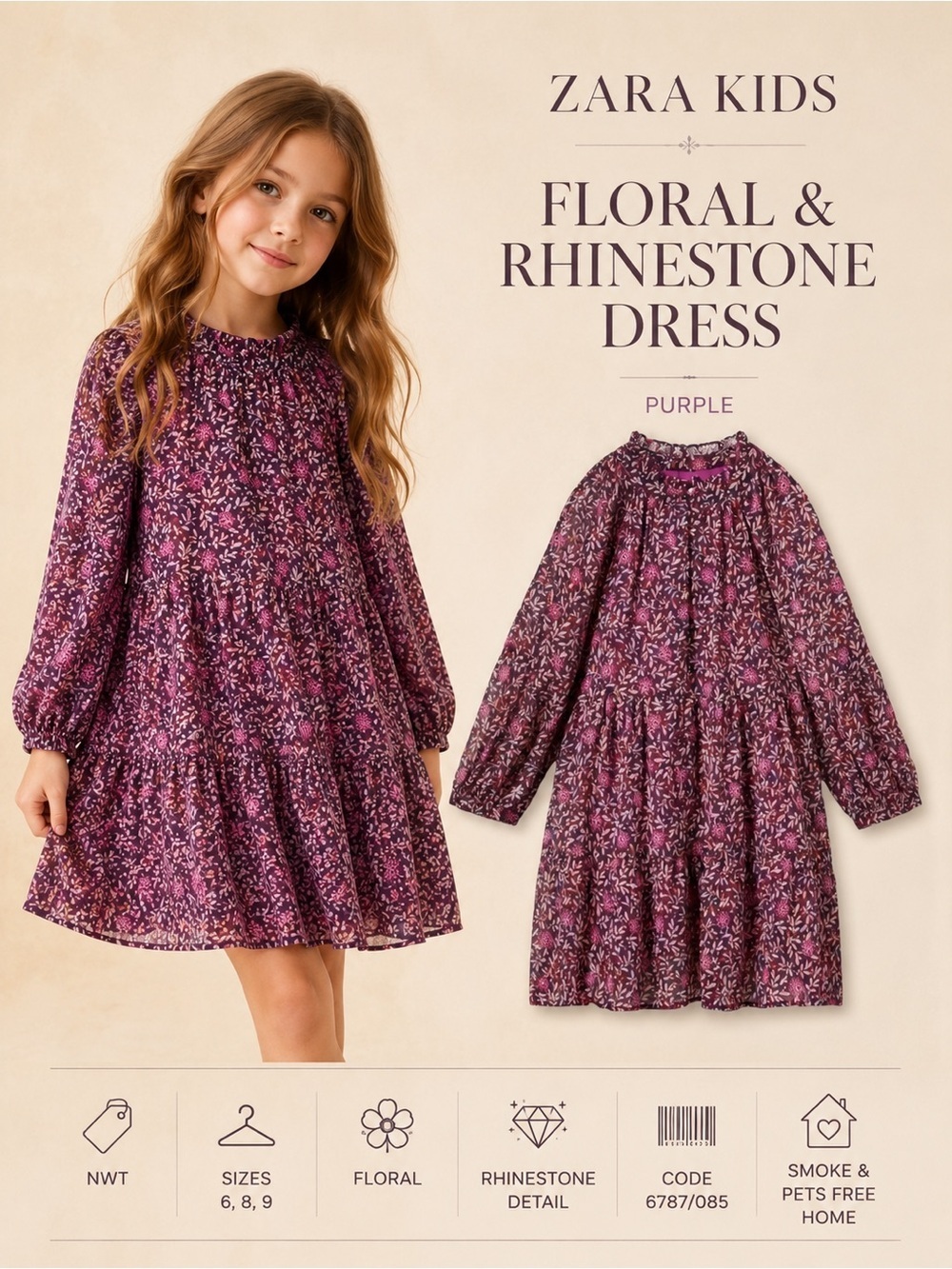 Zara Kids Purple Floral Rhinestone Dress Sizes 6 8 9 NWT Long Sleeve Girls Dress